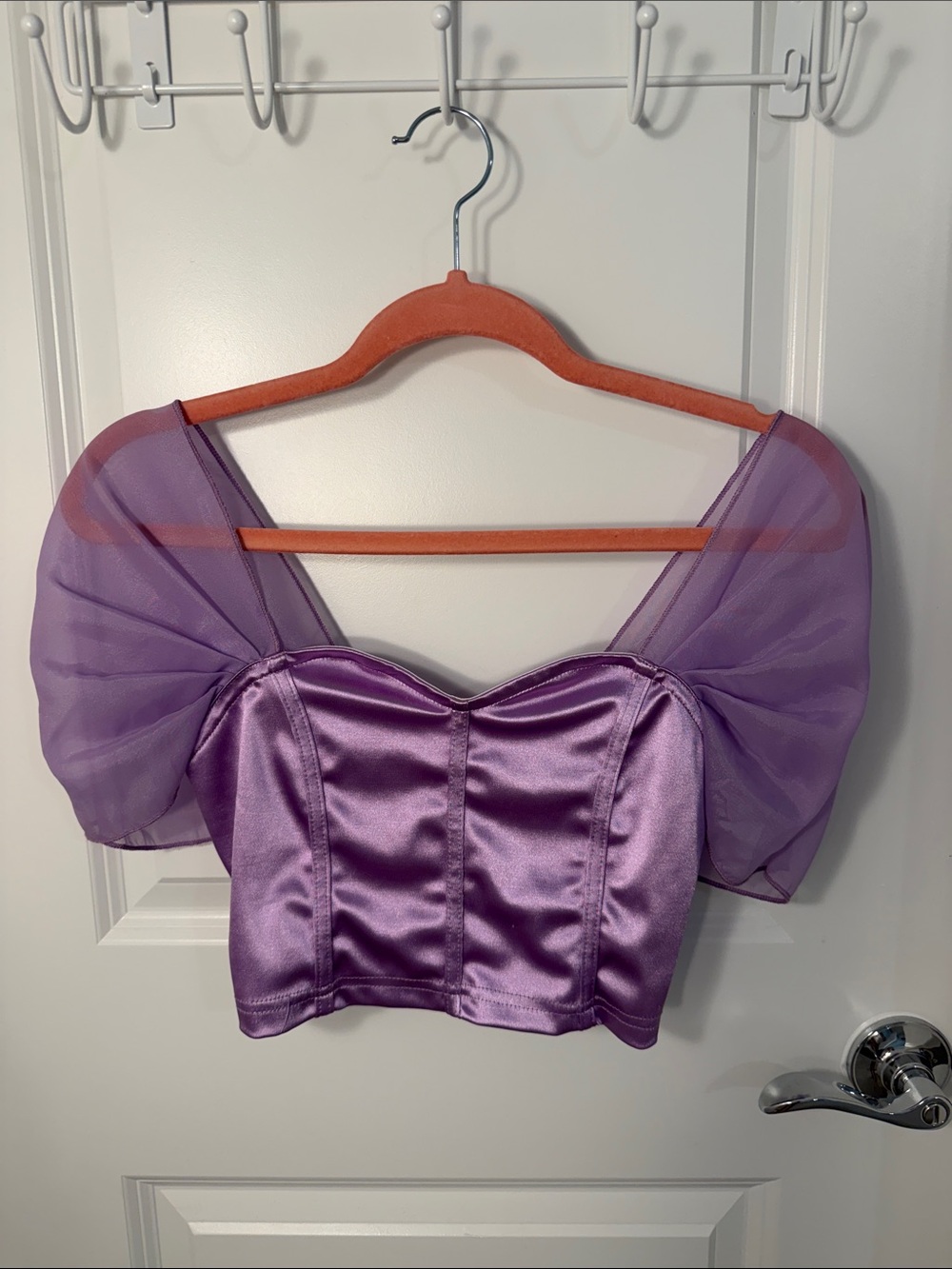 Purple Satin Puff Mesh Sleeve Crop Top